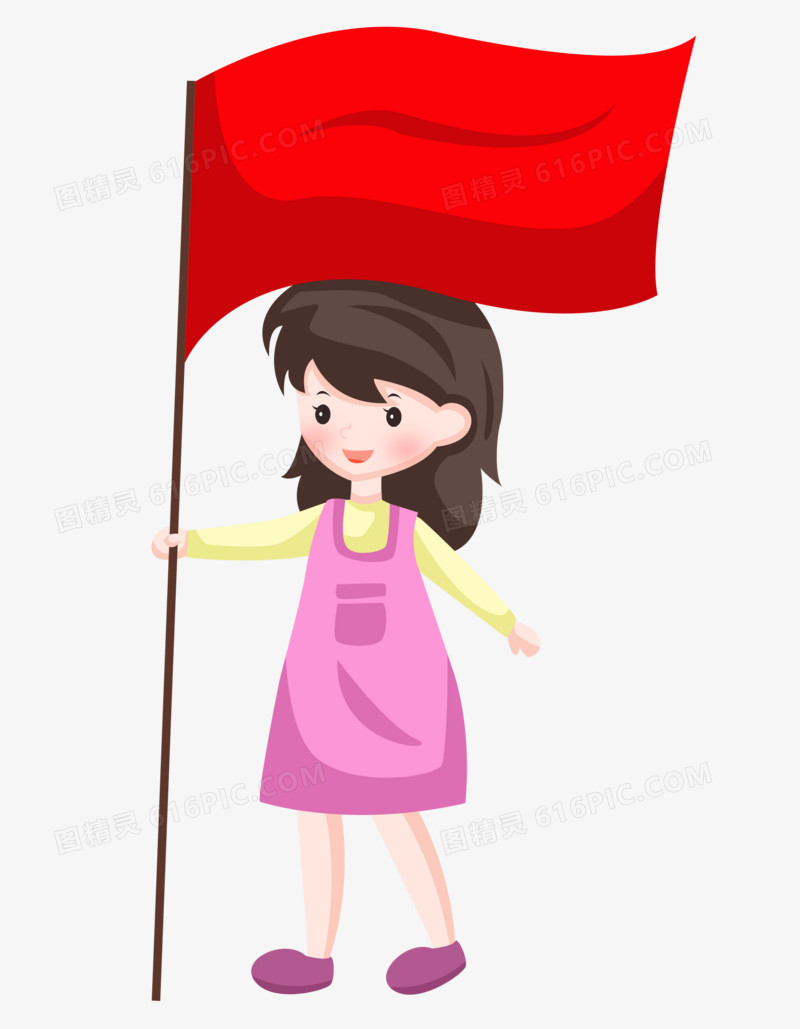 国庆节之手绘卡通女孩拿着大红旗