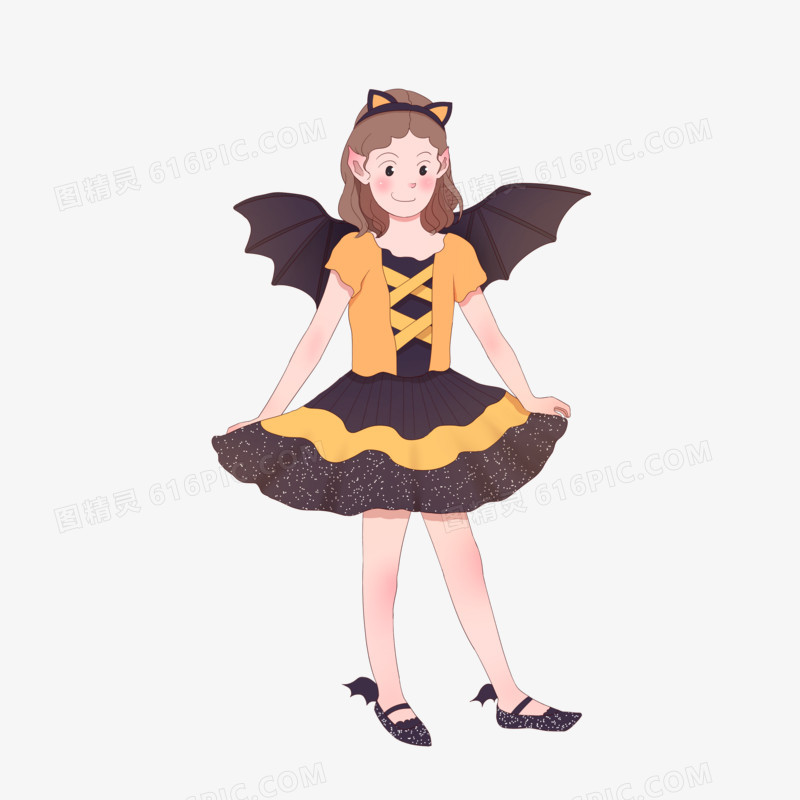 手绘卡通万圣节之蝙蝠装扮的小女孩