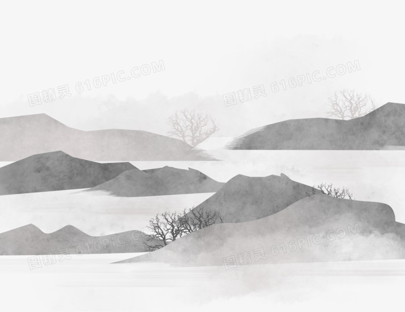 手绘水墨淡彩中国风山水画