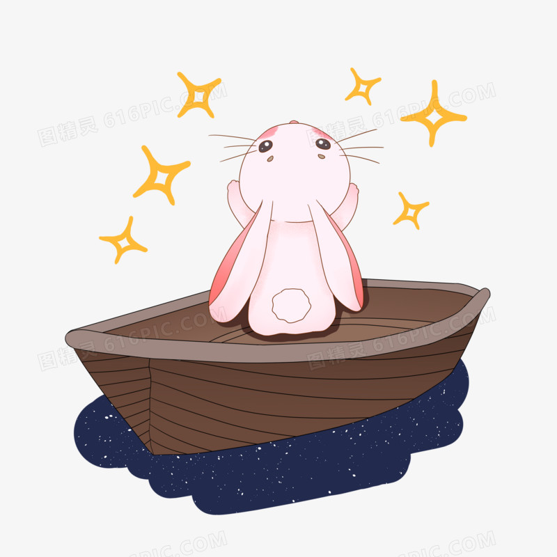 手绘中秋之小船里仰望夜空的兔子