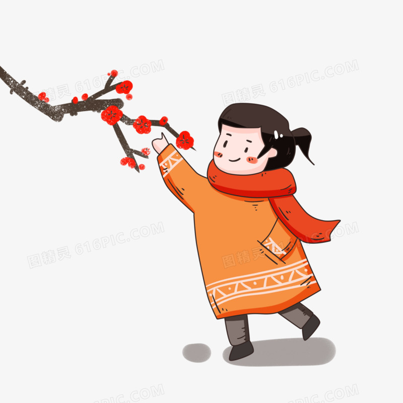 小雪摘梅花的女孩插画