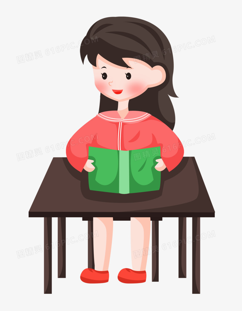 手绘卡通女孩在教室里读书看书