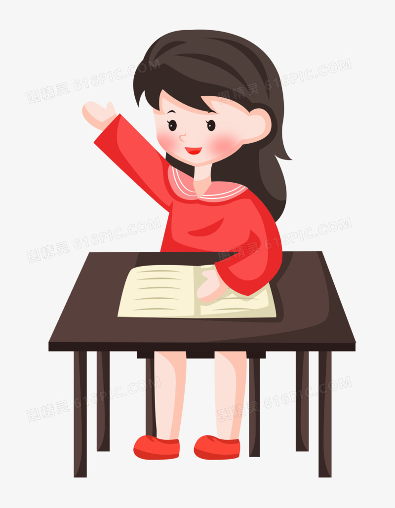 手绘卡通女同学上课举手回答问题