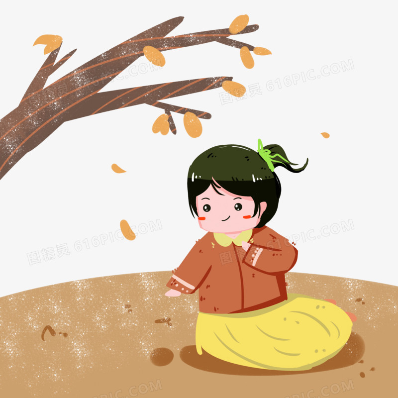 霜降落叶与女孩插画