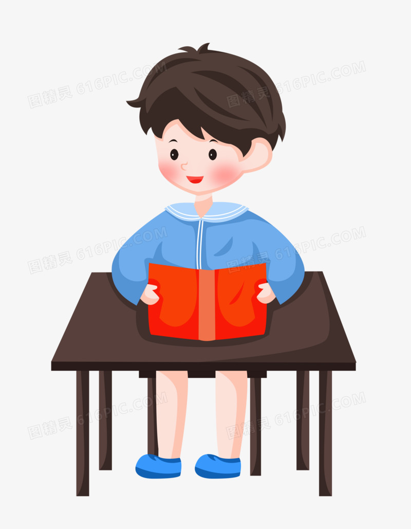 手绘卡通男孩在教室里读书看书