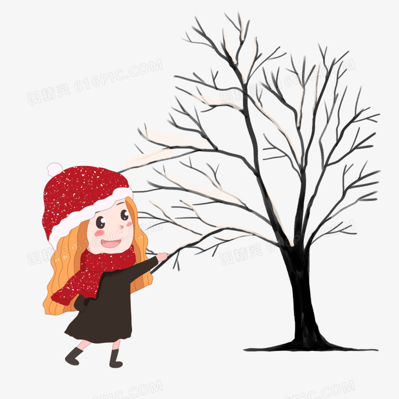 手绘冬季之玩雪的小女孩