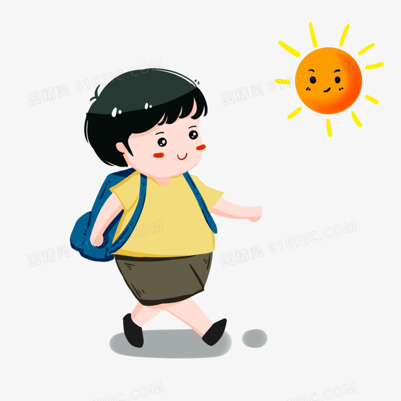 上学的小男孩与太阳