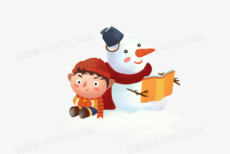 手绘冬日雪人和小男孩元素