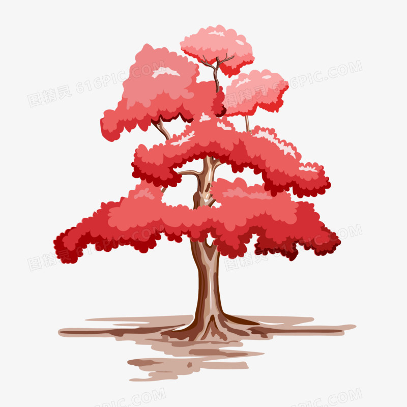 红色树叶的卡通大树