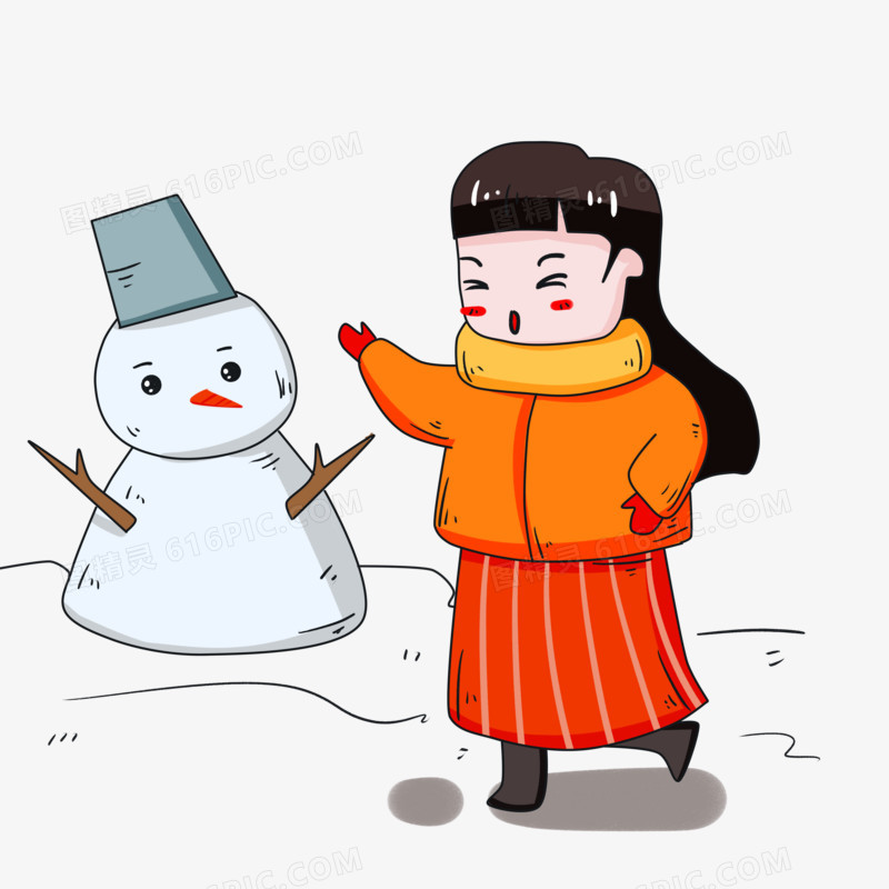 雪人与得意的女孩插画