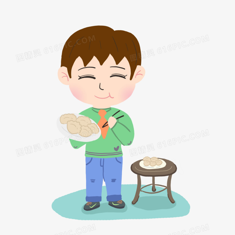 卡通冬季男孩吃饺子元素