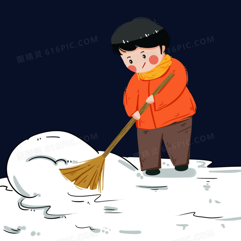 冬季扫雪的男孩