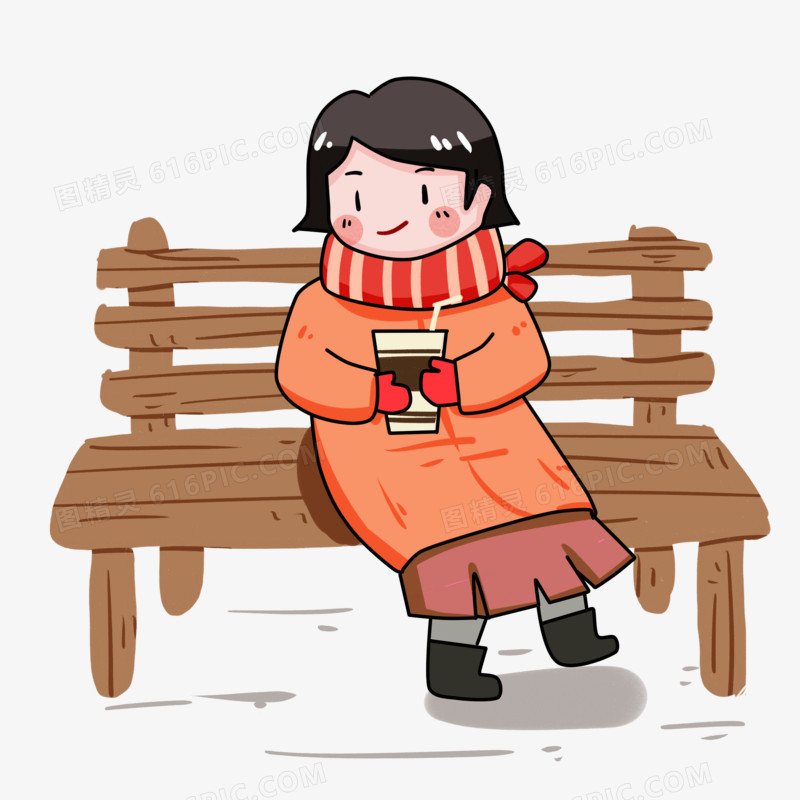 冬季长椅喝奶茶的女孩