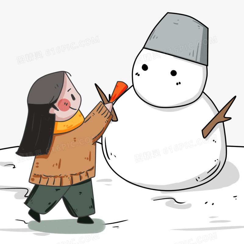 堆雪人的可爱女孩插画