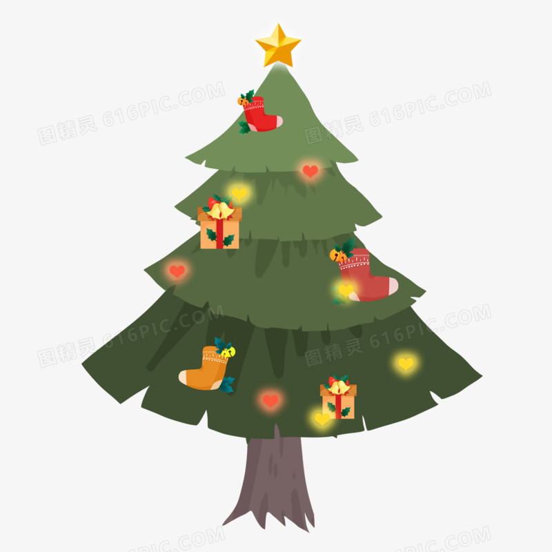 手绘圣诞节挂满礼物的圣诞树手绘卡通免抠元素