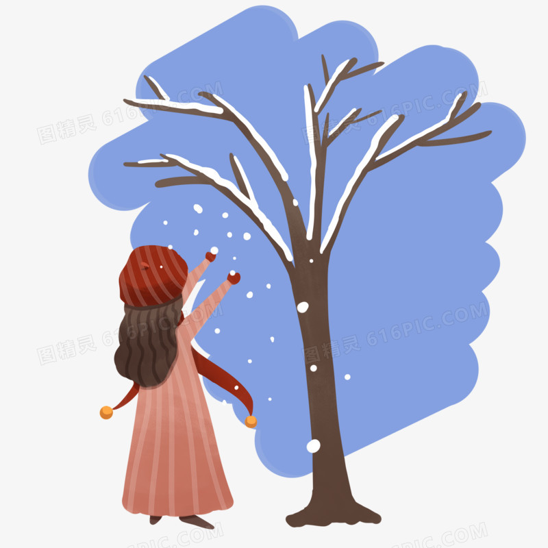 手绘冬季主题之女孩玩雪的小场景
