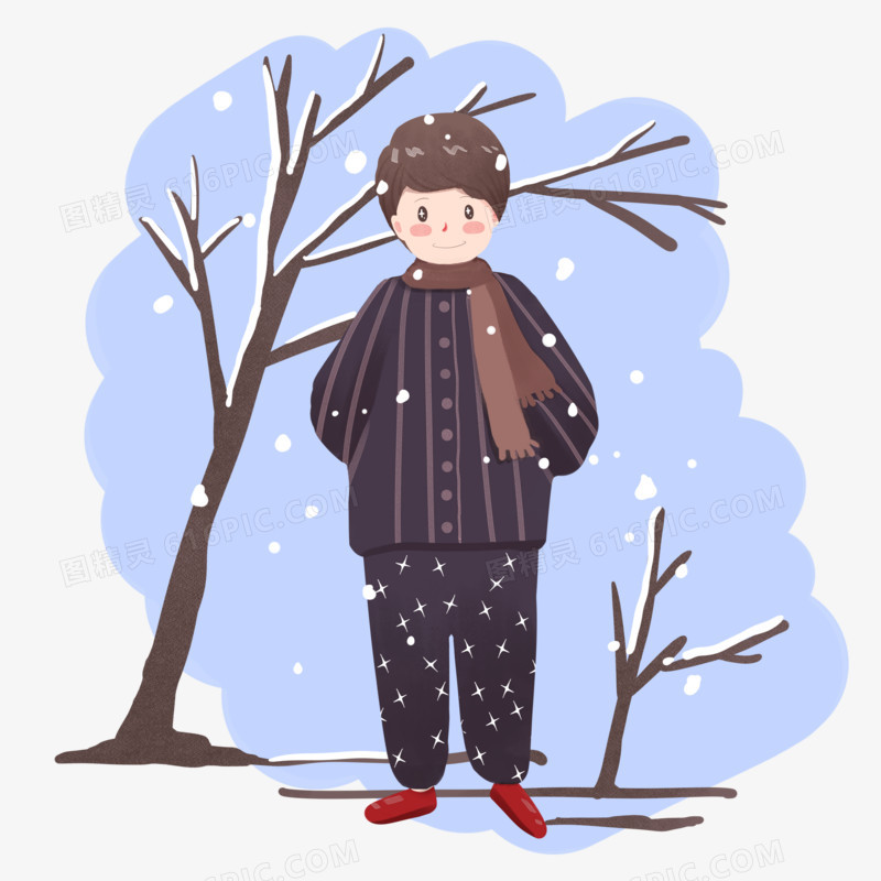 手绘冬季小场景主题之穿着棉服手插口袋的男孩