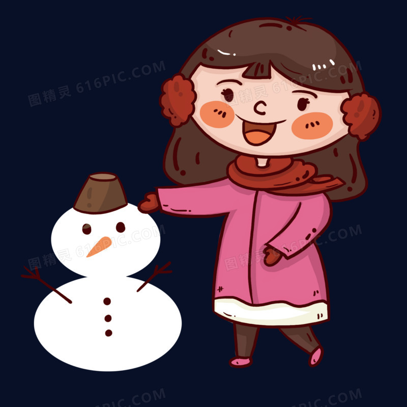 雪地里堆雪人的小女孩