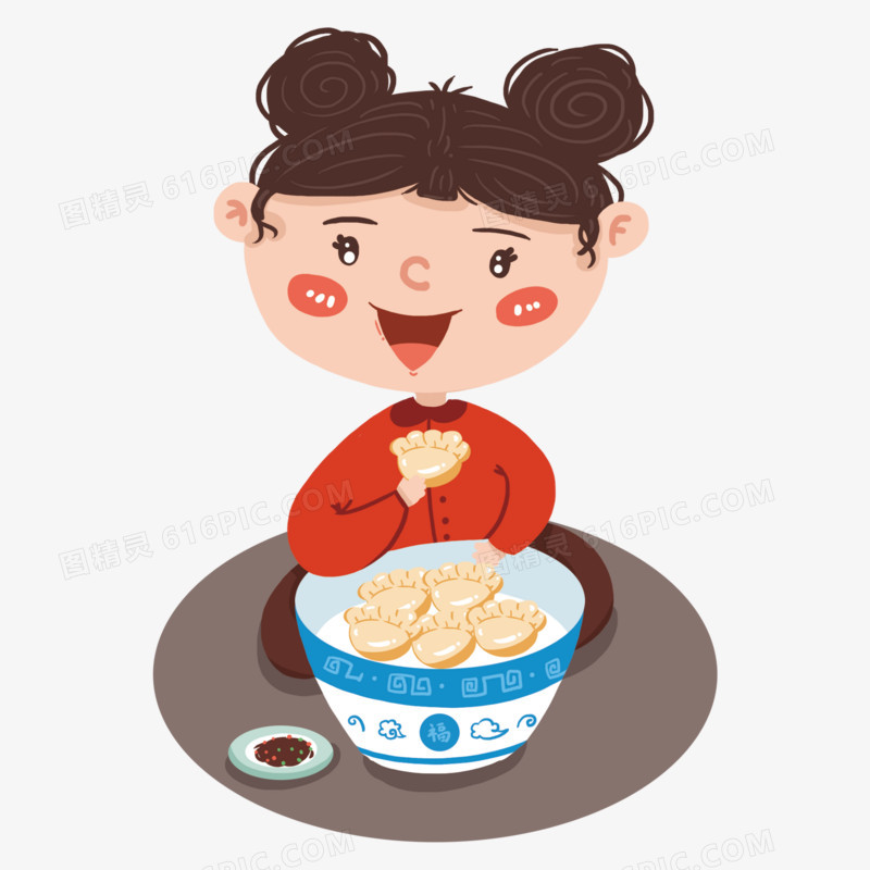 坐在地板上手拿饺子吃的女孩