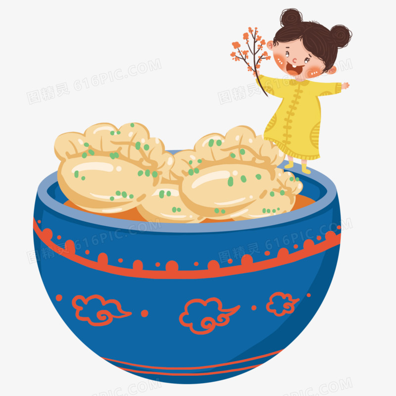手拿着梅花站在大碗上想吃饺子的女孩