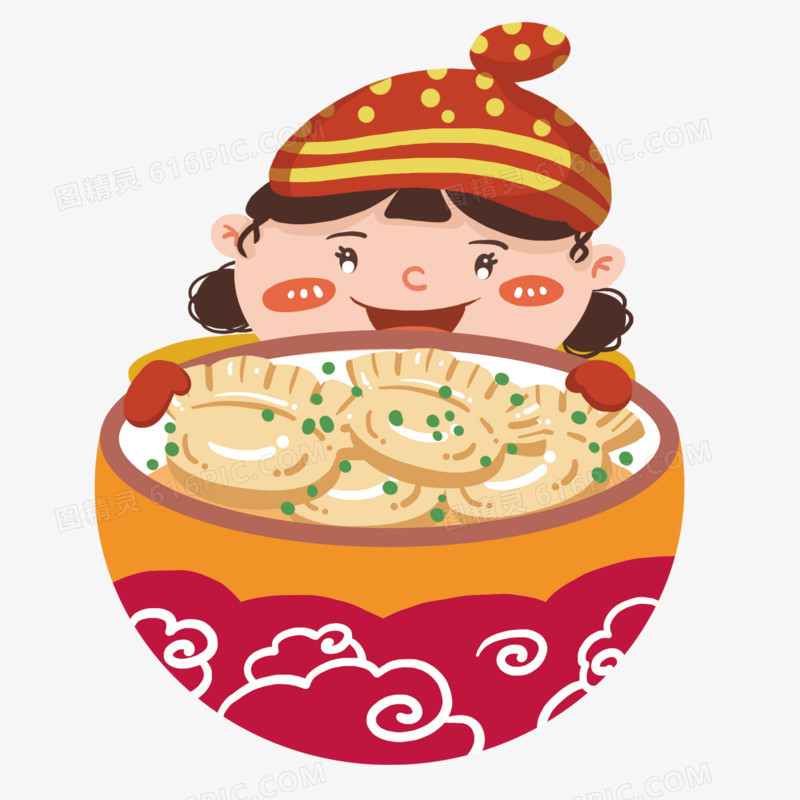 趴在大碗上看着饺子开心的女孩