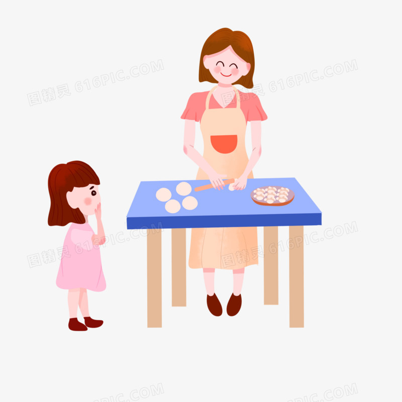 手绘插画风冬至小女孩看妈妈包饺子