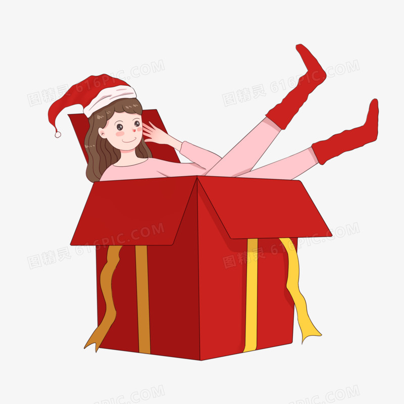 手绘圣诞主题之礼物盒里的圣诞少女