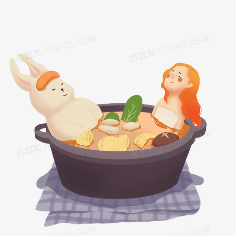 创意冬天暖锅温泉少女与兔子元素