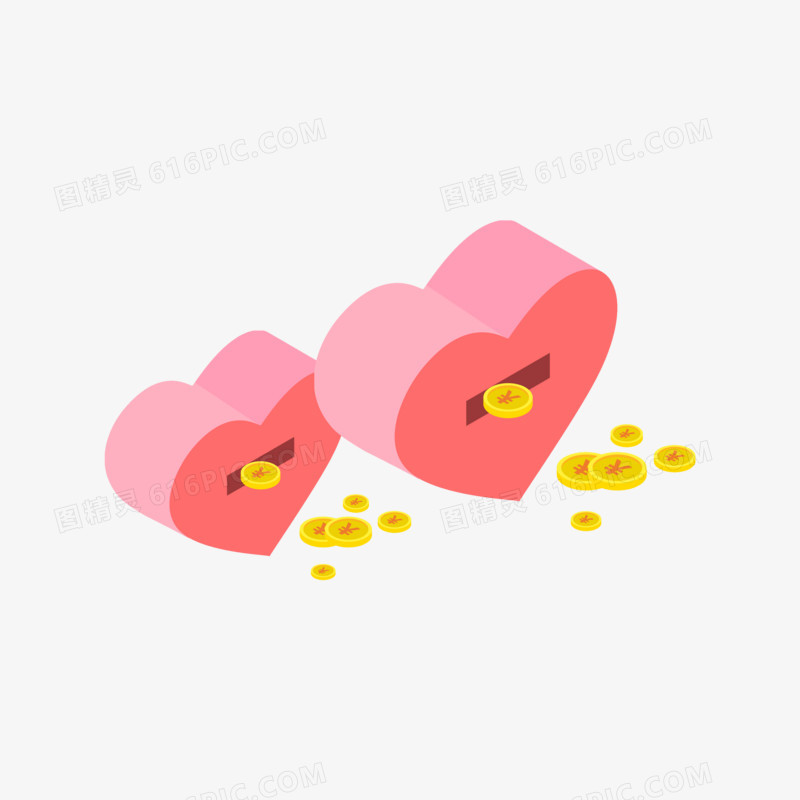 粉色爱心等距立体存钱罐插画设计