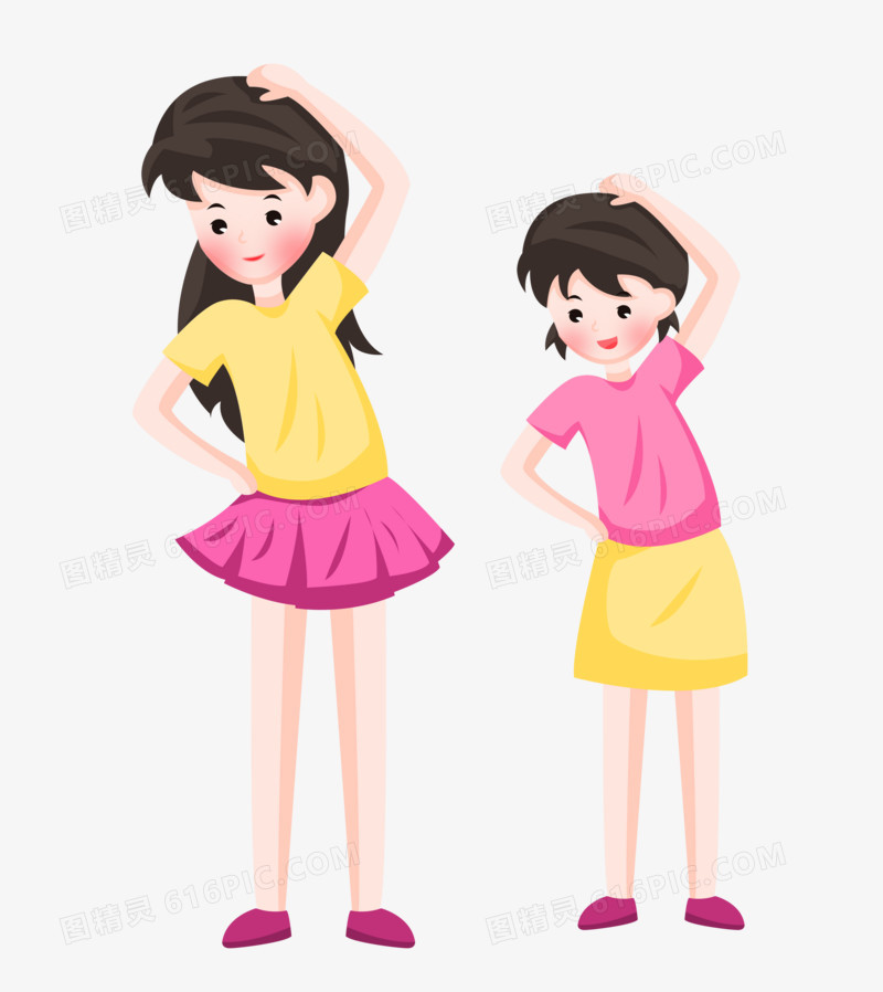 手绘卡通母亲带着女儿做操运动