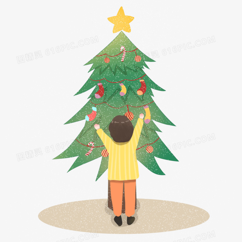 手绘圣诞树下的小男孩