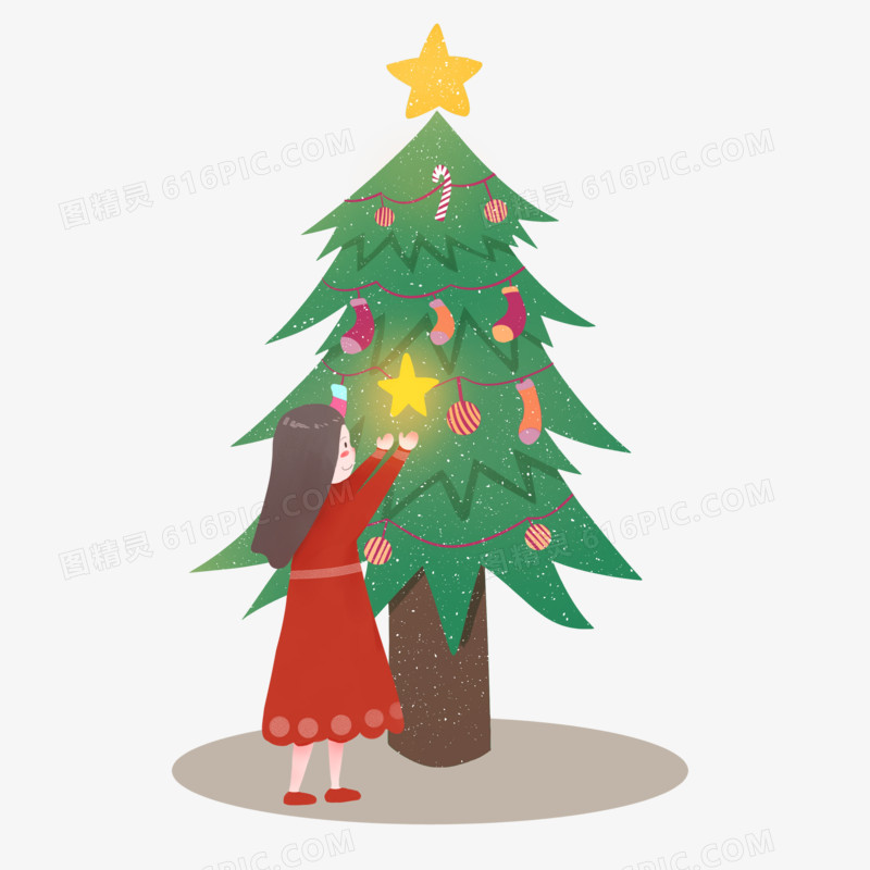 手绘圣诞树下放星星的女孩