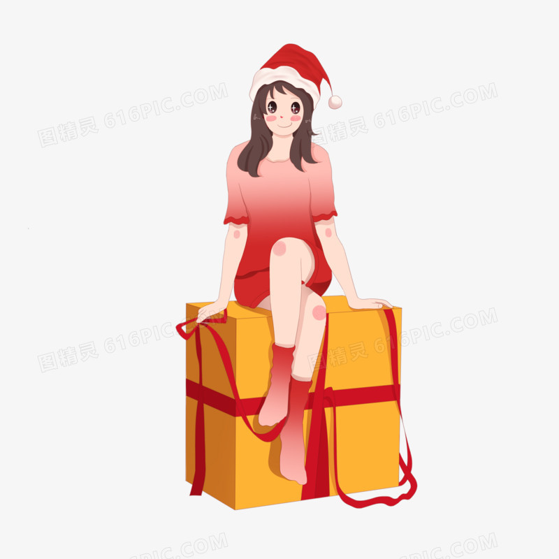 手绘圣诞礼物盒上的女孩