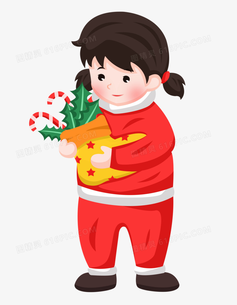 圣诞节之手绘卡通拿着圣诞袜子的女孩子