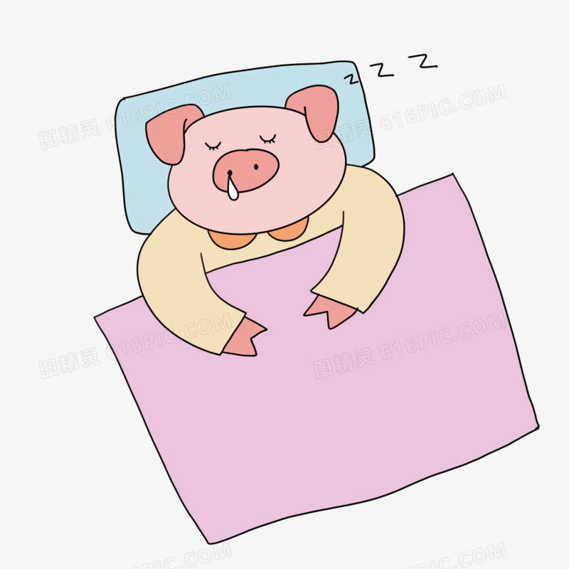 手绘睡觉的卡通拟人小猪动物元素