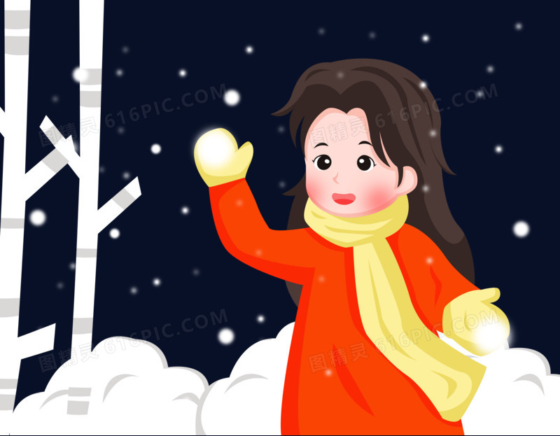 冬天之手绘卡通女孩抛雪球
