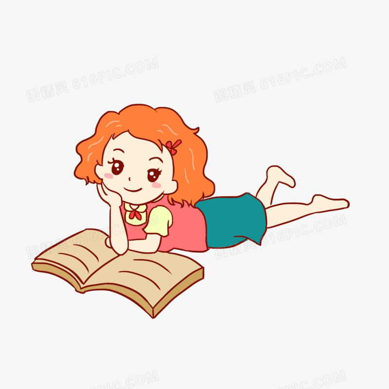 女孩趴着看书手绘卡通元素