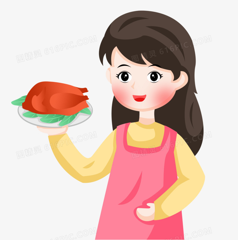 感恩节之手绘卡通女孩端着美味的烤火鸡