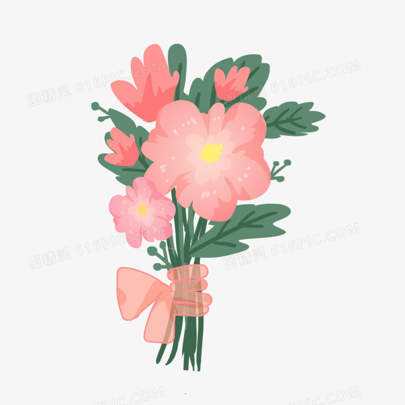 漂亮粉色手绘卡通手捧花花朵花卉元素