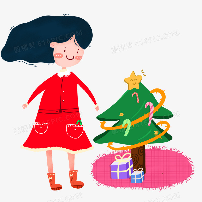 卡通可爱女孩圣诞节圣诞树元素