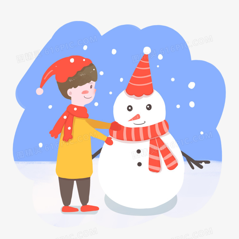 手绘插画风之小男孩堆雪人