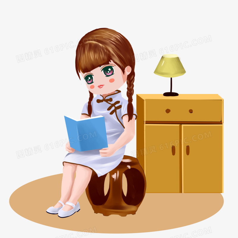 手绘读书草地短袖素材