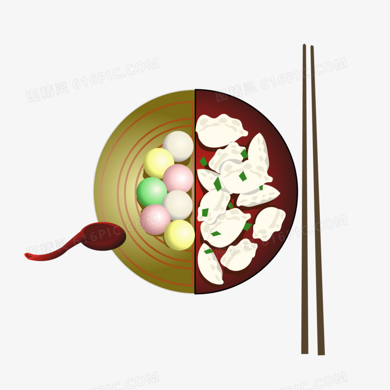 红色的碗饺子黄色的盘子汤圆筷子勺子
