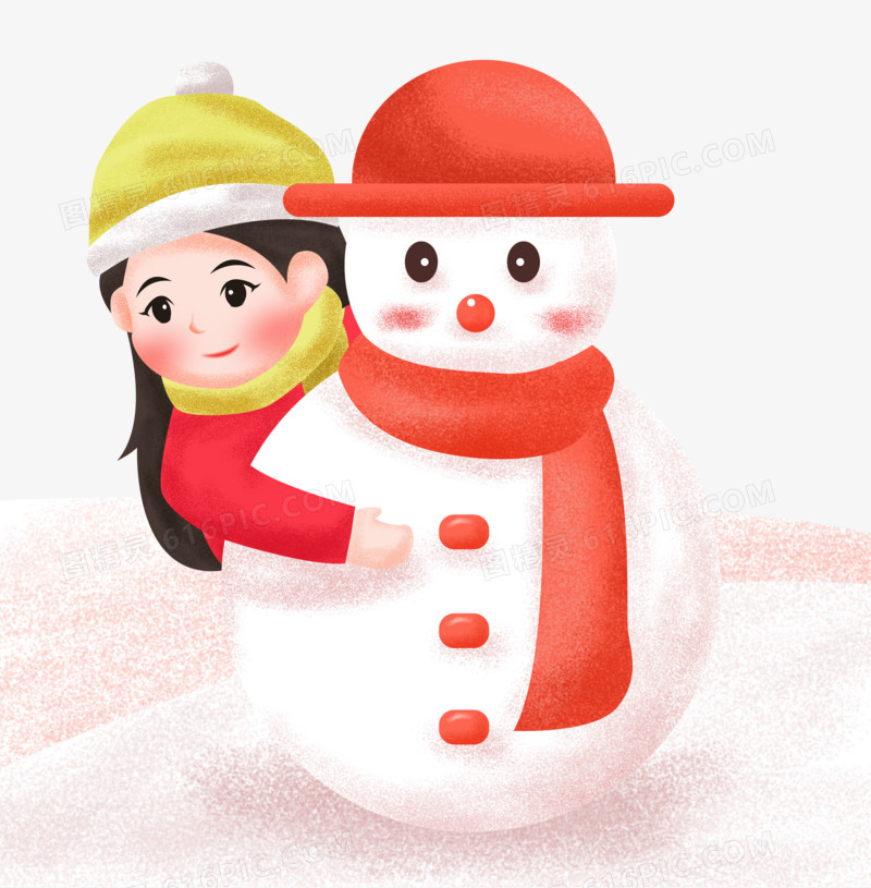 冬天之手绘卡通女孩背后拥抱着雪人