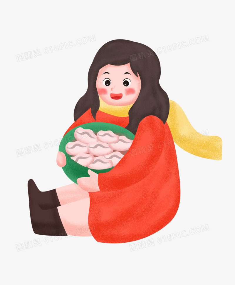 立冬之手绘卡通女孩在寒冬里吃红豆饺子