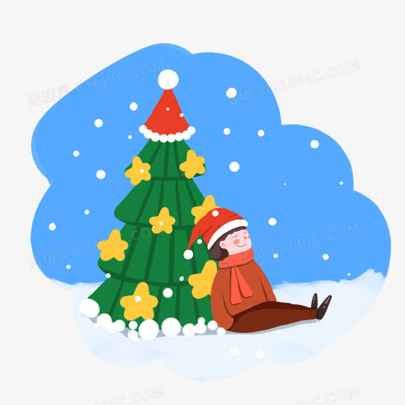 手绘冬季场景之小女孩靠着圣诞树