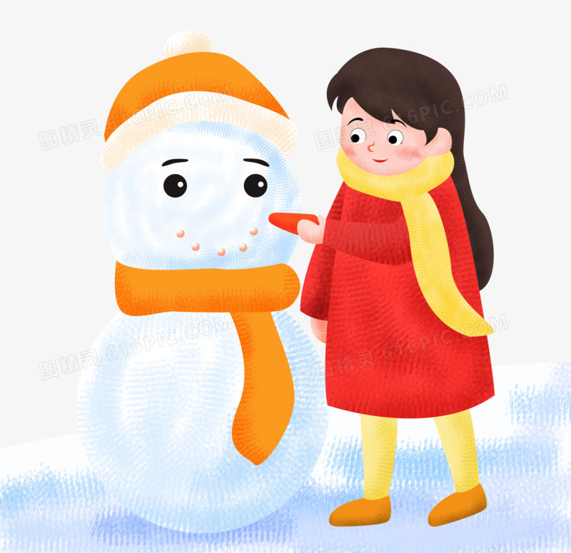 冬天之手绘卡通女孩推雪人