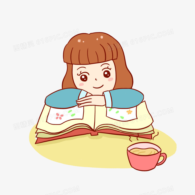 女孩趴着读书看书手绘卡通元素