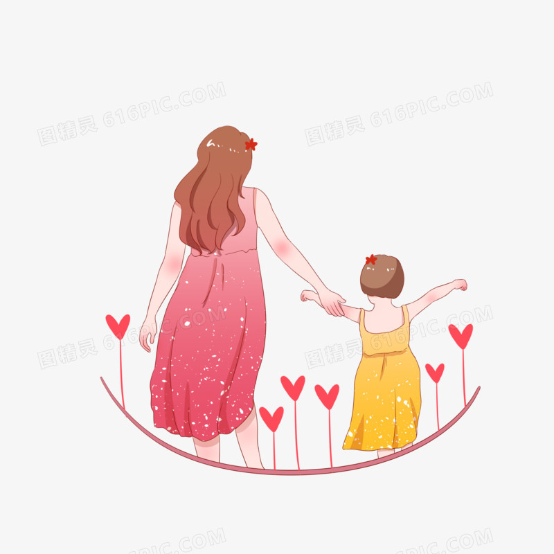 手绘感恩节主题妈妈牵着女儿的手