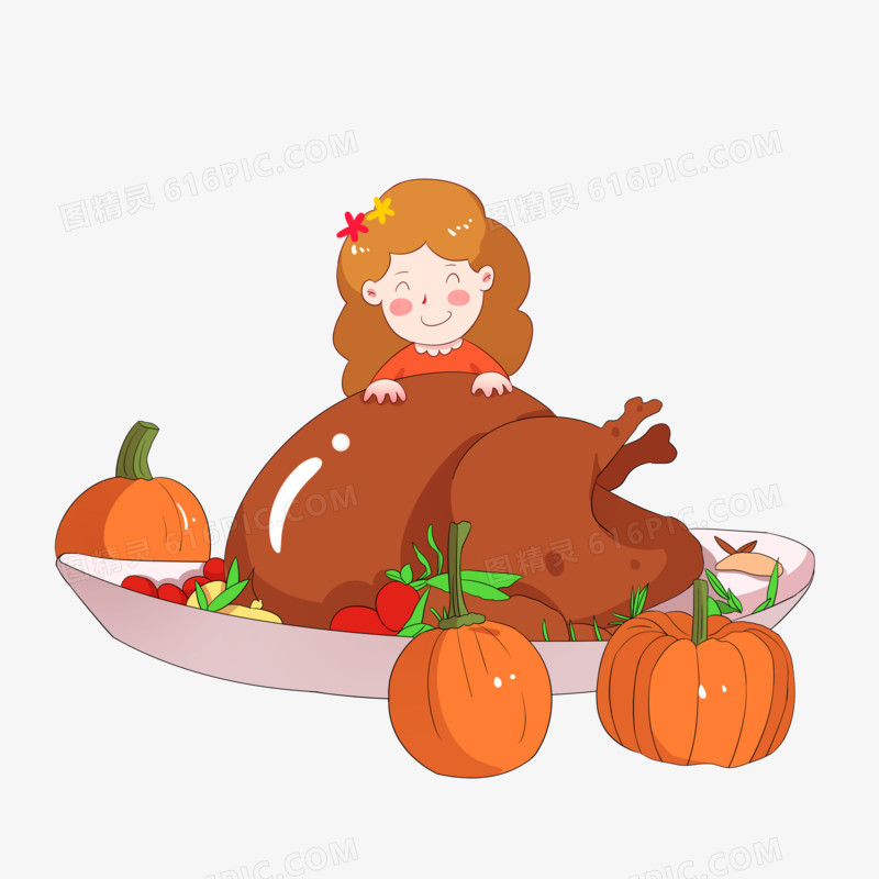 手绘感恩节主题之趴在火鸡上的小女孩